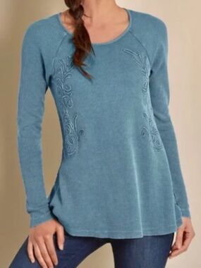 Soft Surroundings Camden Embroidered Waffle Knit Top 1X Cotton Thermal Blue